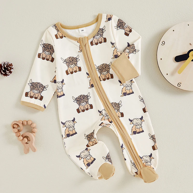 2024-06-01 Lioraitiin 0-18M Autumn Baby Boys Girls Western Footed Jumpsuit Long Sleeve Crew Neck Cow Print Zipper Romper