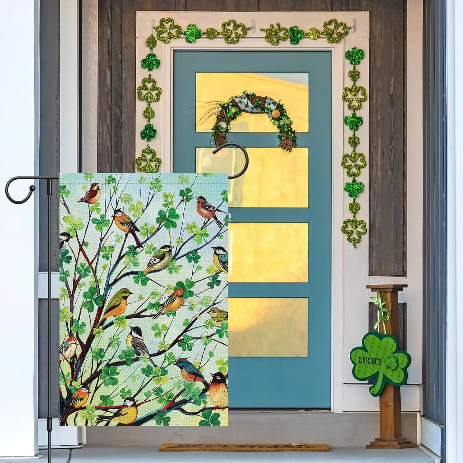St Patricks Day Garden Flag Shamrock Bird Tree Welcome Double Sided 12x18 Inch Small Burlap Spring Holiday Yard