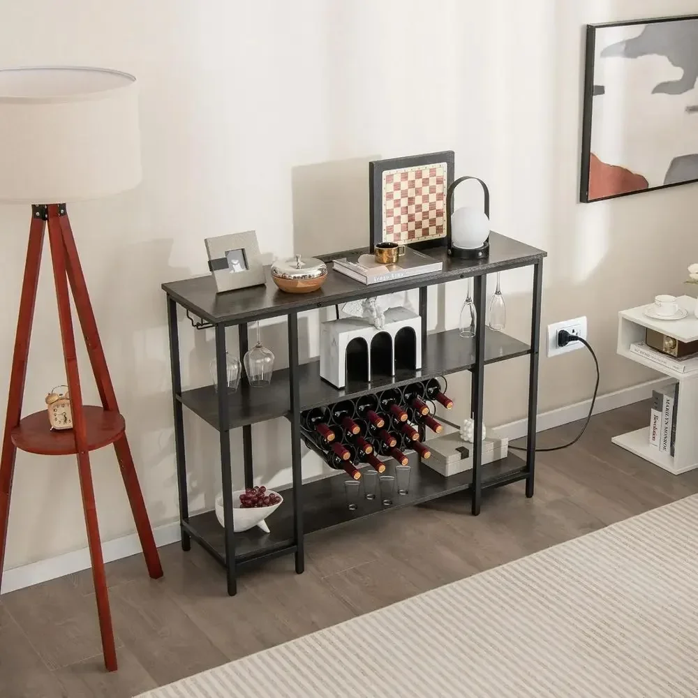 Gray Kitchen Bakers Rack with 2 Wine Glass Holders, 15 Bottle Storage, Charging Station for Dining Room