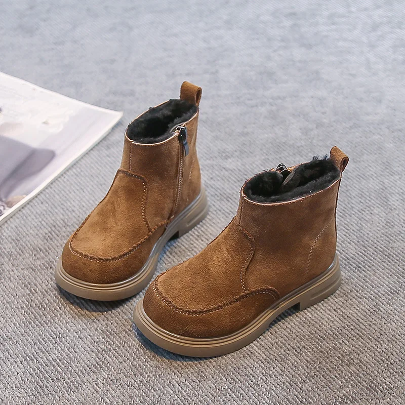 

Simple Children Winter Cotton Boots Fashion Solid Color Girls Retro Leather Boots Causal Zipper Kids Ankle Plush Boots Non-slip