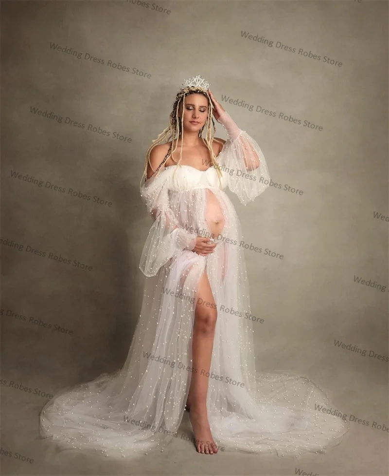 Luxury Pearls Women Prom Maternity Dresses for Photo Shoot Robe Full Sleeves Pregnant Sleepwear Wedding Nightgown Tailored Made