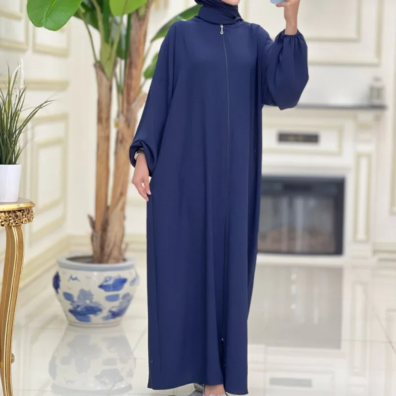 Middle East Dubai 2024 Solid Abaya Prayer Headband Robe Clothing Youth Fashion Elegant Round Neck Zipper Women's Long Dress