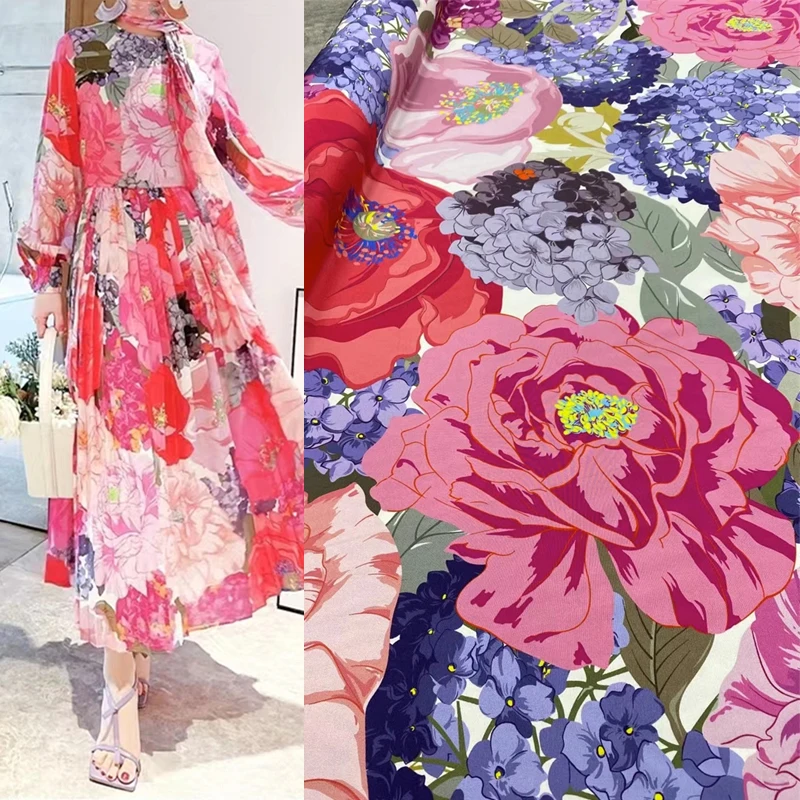 European American Fashion Runway Style Large Flower Dress Elastic Crepe De Chine Silk Fabric Designer Dress Brand Shirt Fabrics