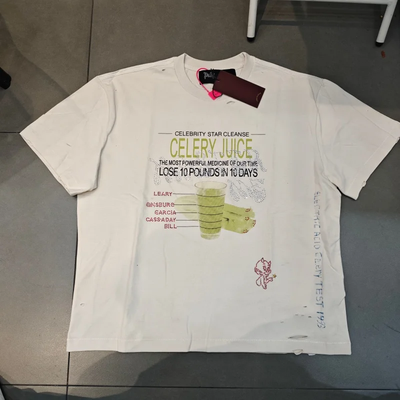 Mens Antique Faded Short Sleeve T-Shirt Ripped Holes Oversized Crystal Rhinestone Slogan Tee