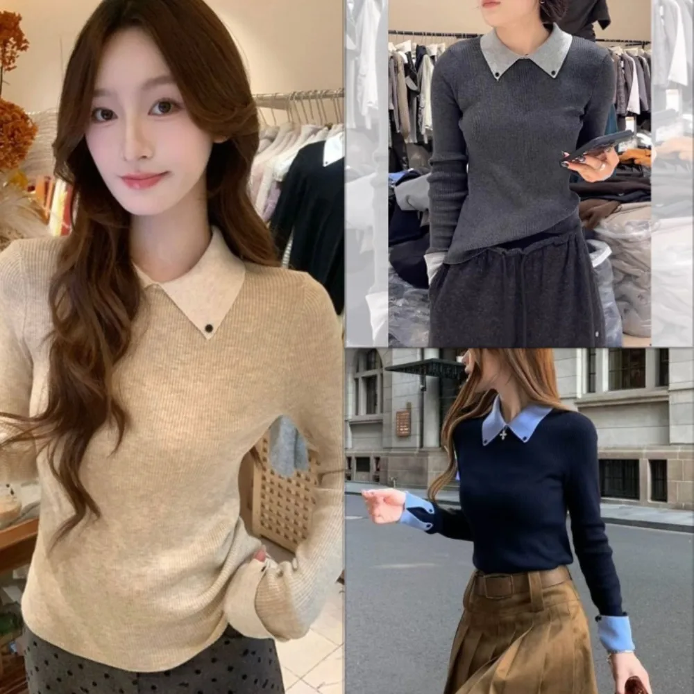 

Fake Two Pieces Knitted Sweater Women Splicing Color Blocking Slim Casual Pullover Jumper