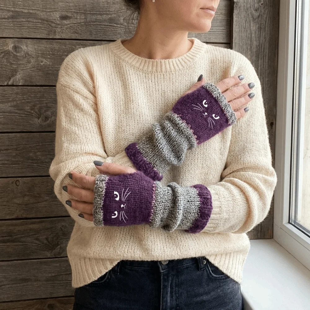 Cute Thickened Knitted Fingerless Gloves Soft Thick Half Finger Gloves Striped Color Block Cat Embroidery Gloves Office Typing