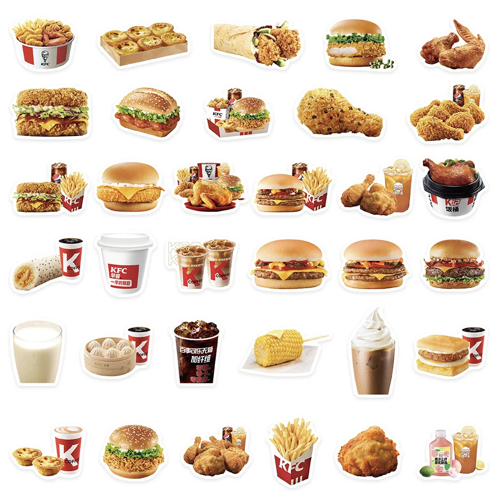 Waterproof Cartoon Sticker para Decoração, DIY Sticker, Burger, Comida, Computador, Bagagem, Mesa, Carro, Personalidade, Criativo, Atacado, Novo, 10 Pcs, 30 Pcs, 50Pcs