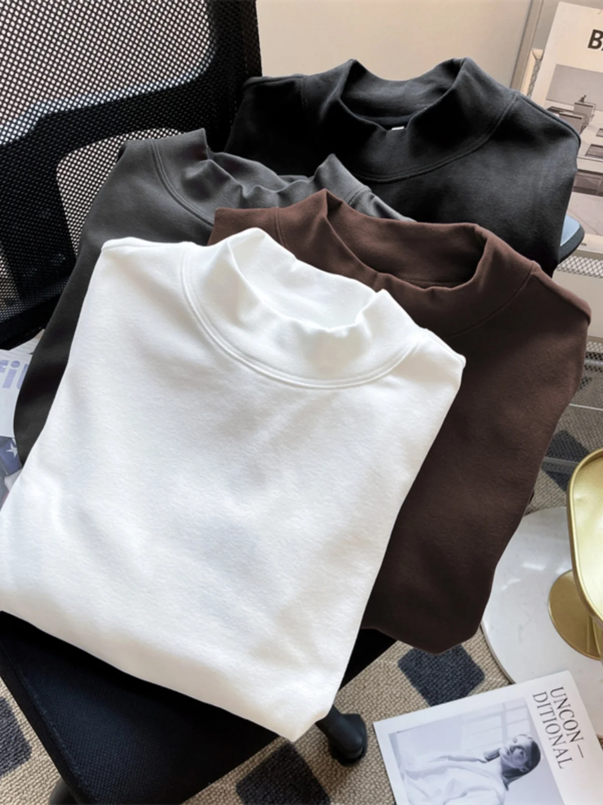 Men's Fleece Long Sleeved T-shirt Autumn Winter Solid Color Simple Thicken Tees Korean Casual Fashion Male Basic Warm Tops