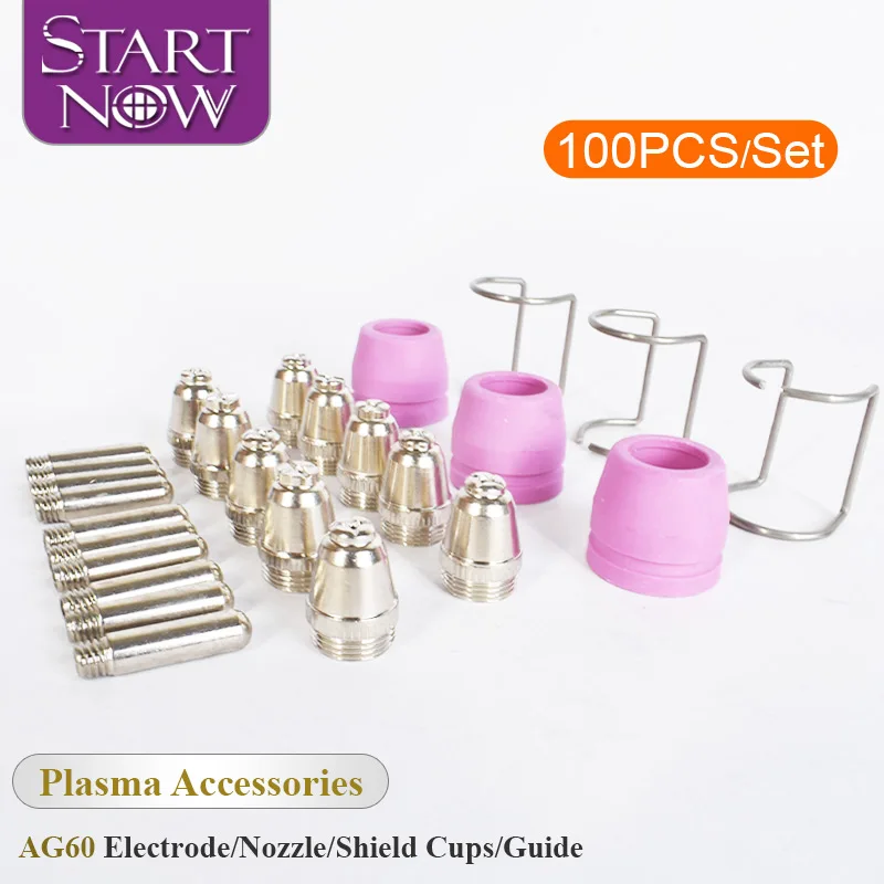 Startnow 100PCS WSD60 Plasma Nozzle Electrode shield cups Ceramic with Guide ring plasma AG60 pilot torch Cutter Welder Kits