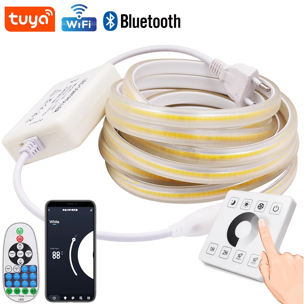 

Tuya WiFi COB LED Strip 220V Dimmable COB LED Lights 288LEDs/m Bluetooth Flexible Waterproof COB Linear Light Bar with EU Plug