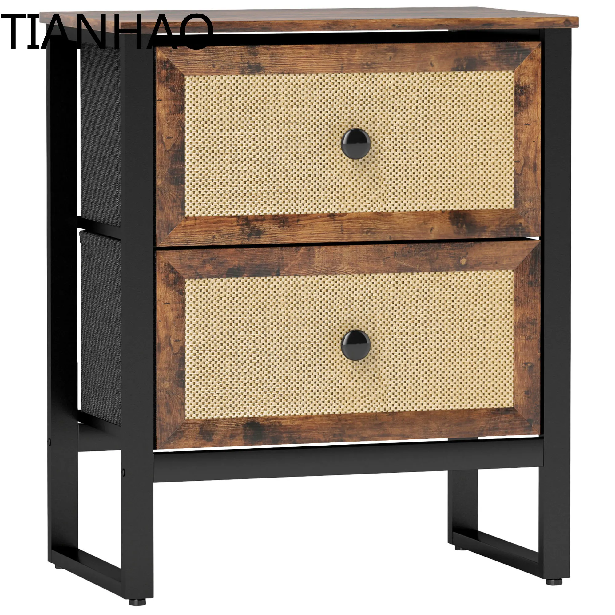 HOMCOM Bedside Table with 2 Rattan Drawers and Steel Legs, Rustic Brown