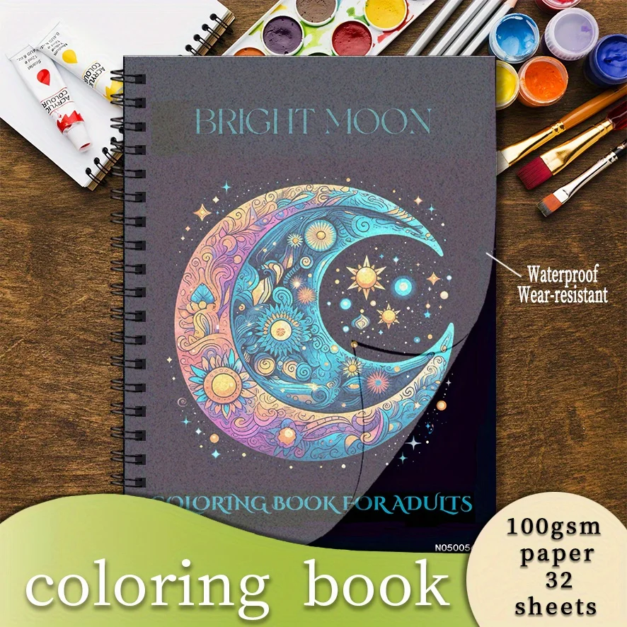 Adult Bright Moon Coloring Book - 8.3×11.2 Inches, 32 Sheets (100gsm). Intricate Moon Art.