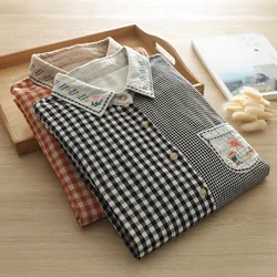 Mori kei clothing women's plaid shirts Korea fashion vintage cotton yarn patchwork embroider blouse checkered shirt tops female