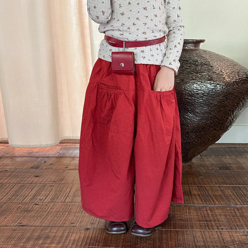 

Красные брюки-фонарики, весна-осень 2024, повседневные корейские модные однотонные милые универсальные свободные простые широкие брюки