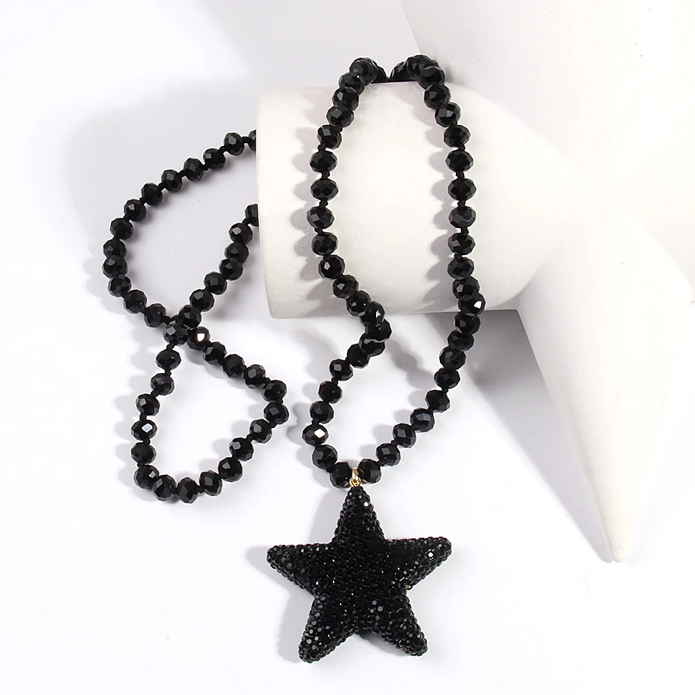 Fashion Bohemian Jewelry 8mm Crystal Glass Long Knotted Rhinestone Paved Star Pendant Necklace For Women Boho Gift