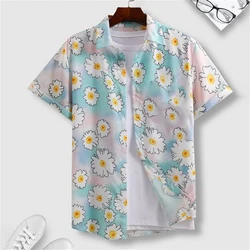 Summer Daisy Print Hawaiian Casual Men's Short Sleeve Shirt Plus Size Fashion Men's Lapel Top Everyday Men's Short Sleeve Shirt