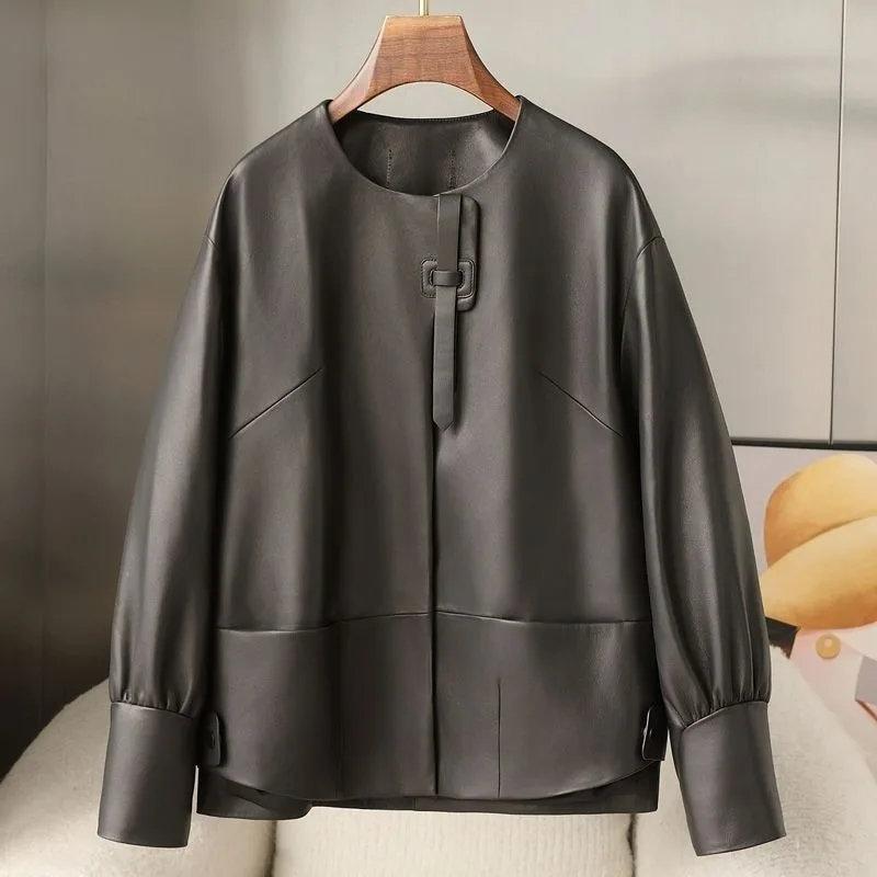 Retro-style Black Leather Round-neck Coat Loose-fitting Lantern-sleeved Leather Jacket Fashion Simple Commuter Women's Clothing