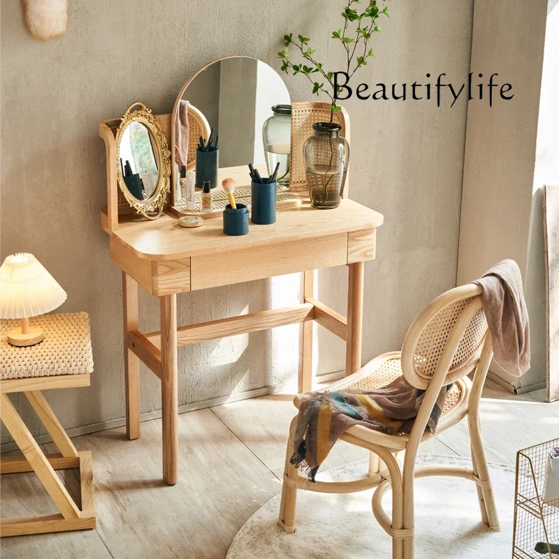 

Nordic ash wood dresser modern simple bedroom rattan storage cosmetic table small apartment mini