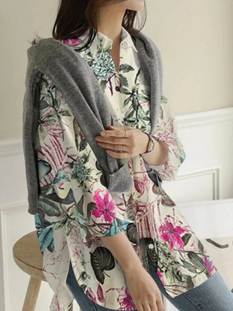 Elegante camisa de manga comprida feminina, linho de algodão solto, top estampado com bolso de lapela, camisa elegante outono, 2024