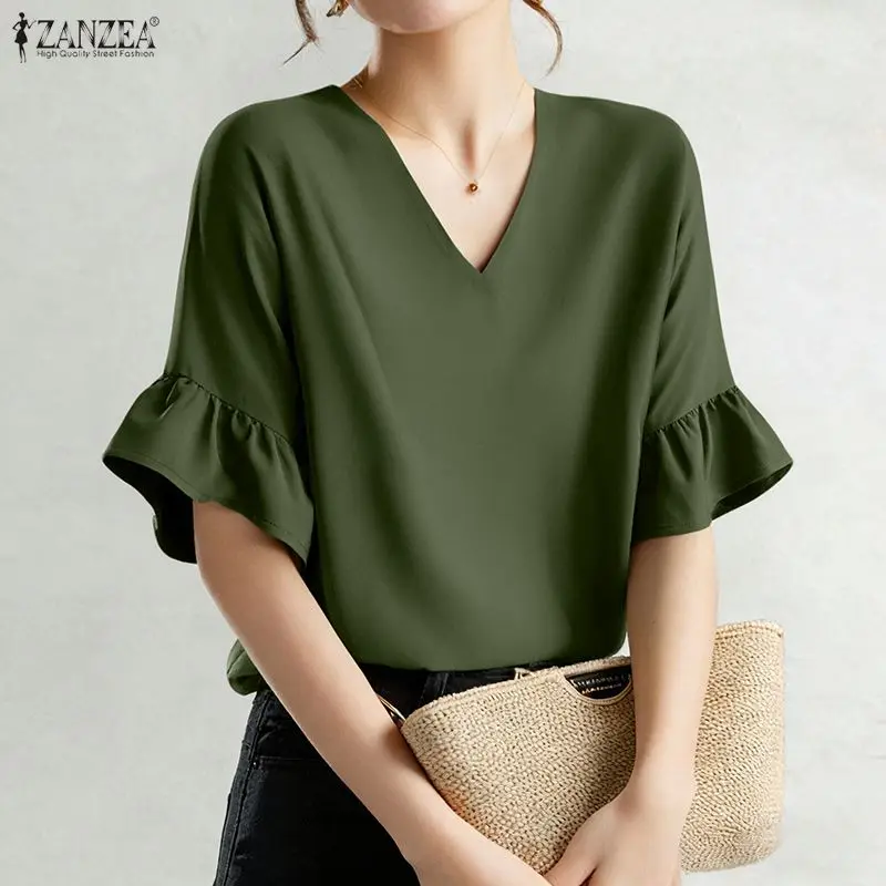 

ZANZEA Women Fashion Blouse V-Neck Casual Solid Tunic Tops Summer Half Flare Sleeve Ruffled Loose Shirts Female OL Work Blusas