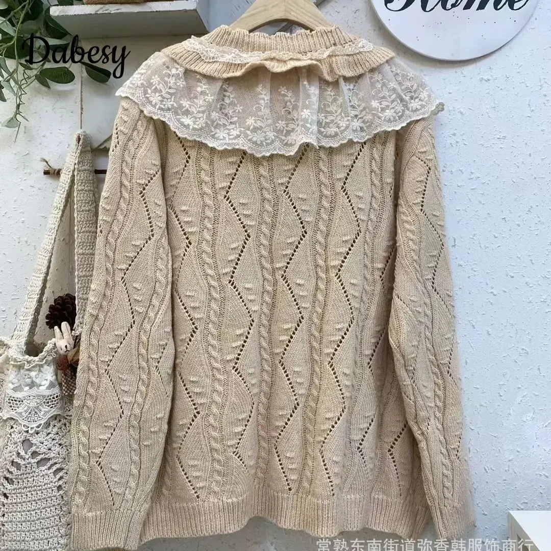 Vintage Mori Girl Hollow Out sweter dziergany damski jesienno-zimowy koronkowy potargany jednorzędowy sweter płaszcz Casual luźna odzież wierzchnia