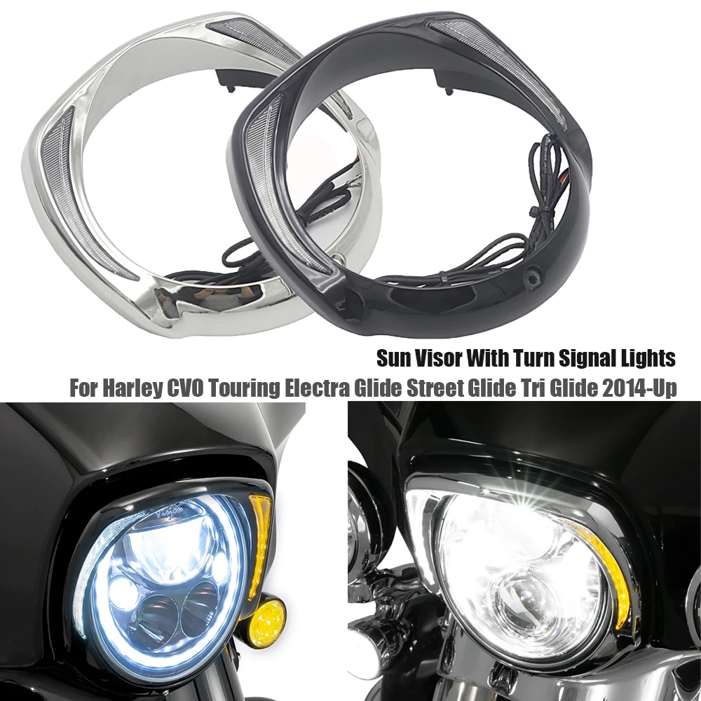 

With Amber Turn Signal LED Headlight Bezel Visor Trim Ring For Harley CVO Touring Electra Glide Street Glide Tri Glide 2014-Up