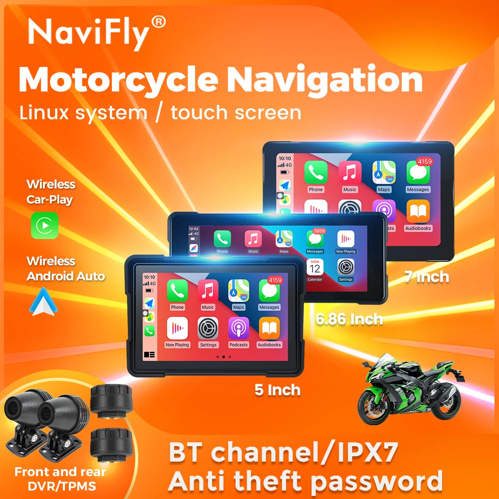 NaviFly Motorcycle Navigation IPX7 Waterproof Carplay Display Screen Portable Motorcycle Wireless Android Auto Monitor