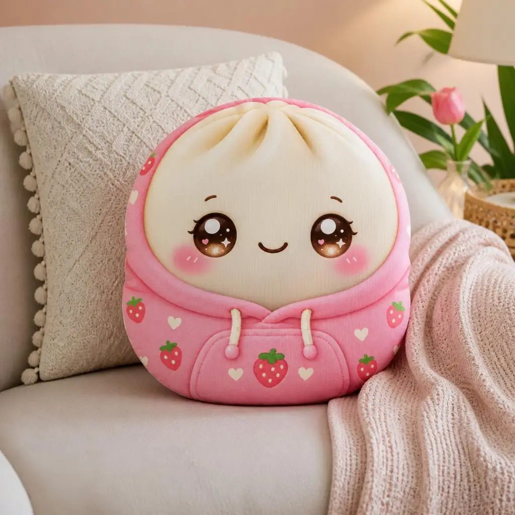 Kawaii Dumpling Plush Pillow Strawberry Hoodie Bao Stuffed Cushion Cute Food Throw Pillow Sofa Home Decor Gift Shaped Pink