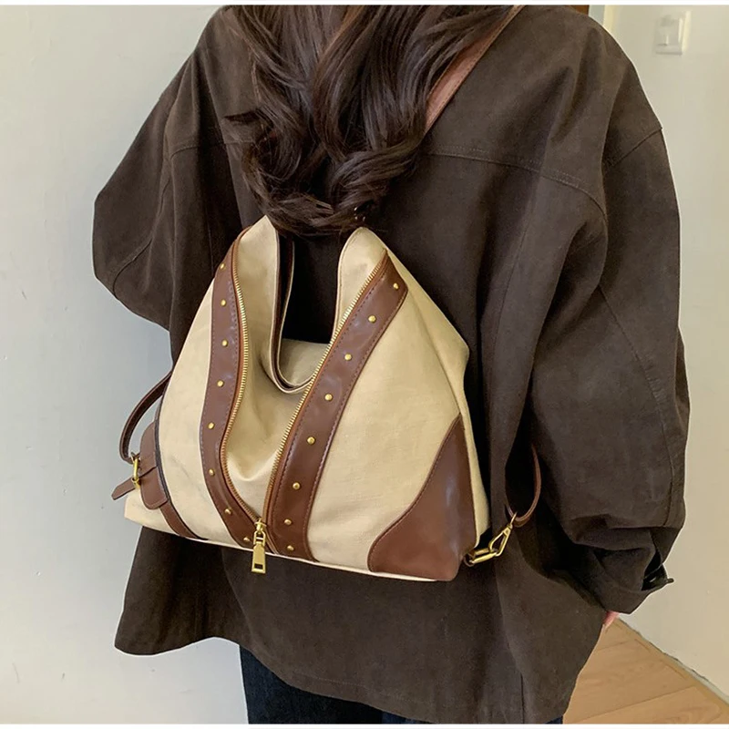 Vintage-Rucksack, Damen-Tragetasche, Retro-Spleiß-Hobo-Umhängetasche, lässige Alltags-Einkaufstasche mit Nieten-Dekor – Detail 20