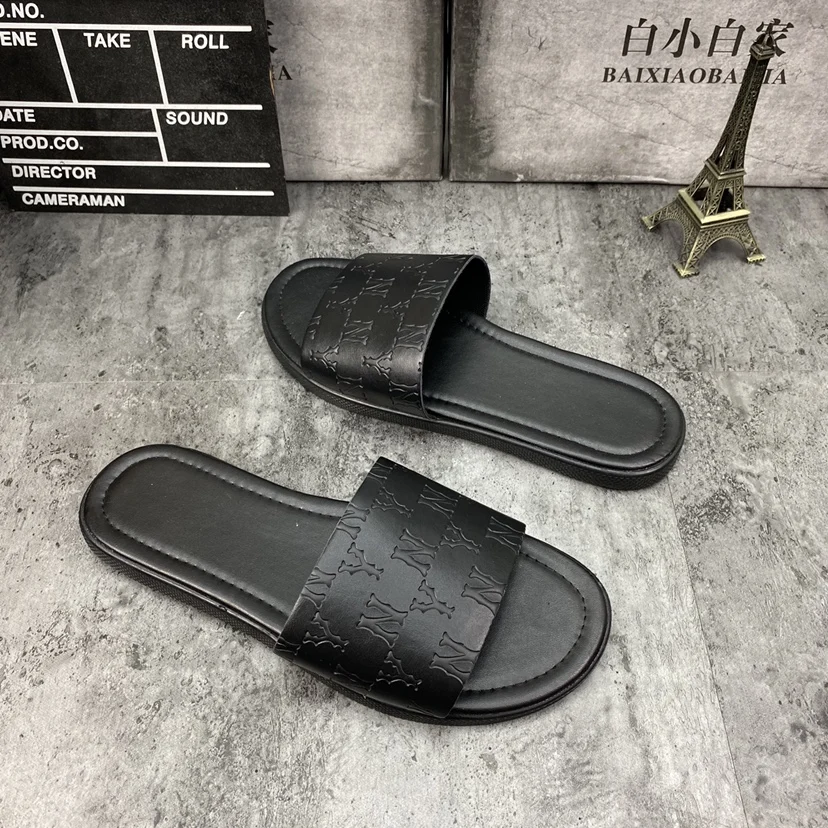 Genuine Leather Men's Slippers Crocodile Grain Style Men Flip Flops High Quality Men Casual Shoes Beach Non-slip Male Slippers