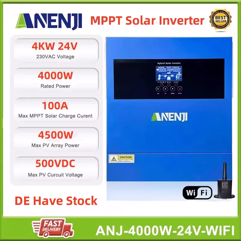 Hybrid Solar Inverter 4000W 24V MPPT 230V Photovoltaic Pure Sine Wave Inversor PV 60-500V Built-in 100A Solar Charge Controller