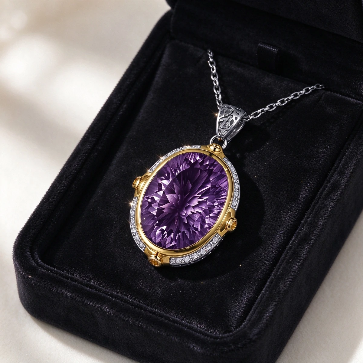 S925 Sterling Silver Women Amethyst Pendant Necklace Oval Cut Purple Crystal With Surrounding CZ 18K Gold Plated Vintage Hollow Bail Design Elegant Luxury Clavicle Chain Fine Jewelry For Lady Wedding Anniversary Engagement Party Daily Wear Romantic Gift