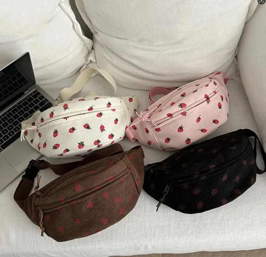 Women Corduroy Fanny Pack Strawberries Print Waist Bag Fashion Crossbody Bsg Chest Pouch Sports Travel Purse Trend Belly Bags