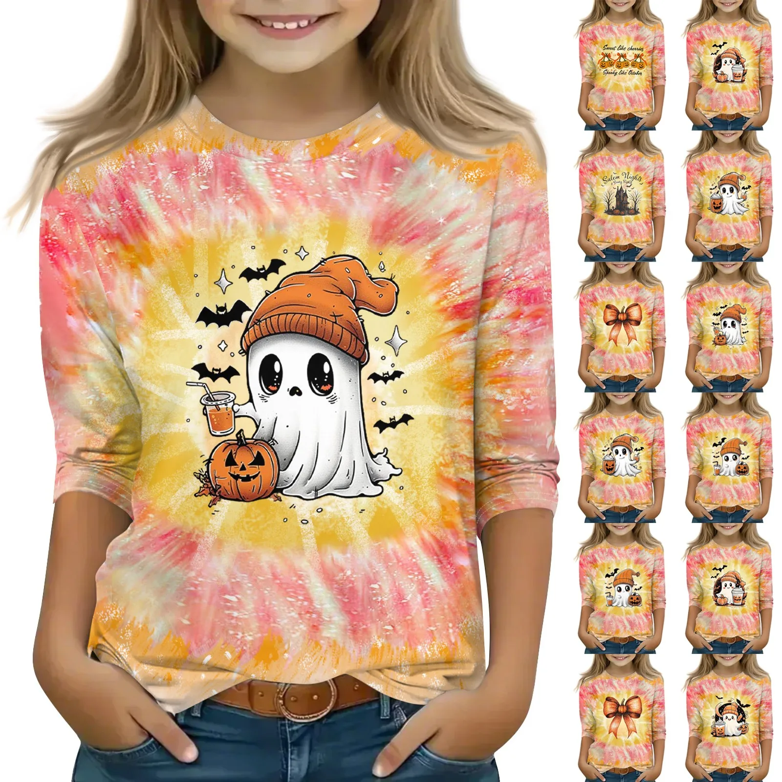 

New Halloween Girls Printed T-shirt High Quality Three-quarter Sleeve Round Neck Tops Children Festival Birthday Gifts
