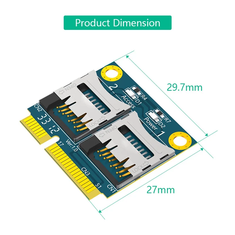 بطاقة محول PCIE صغيرة متينة إلى 2 Micro-SD بطاقة PCIE صغيرة إلى وحدة TF مزدوجة وحدة قارئ SSD للكمبيوتر المحمول، PCIE صغير إلى 2 محول Micro-SD