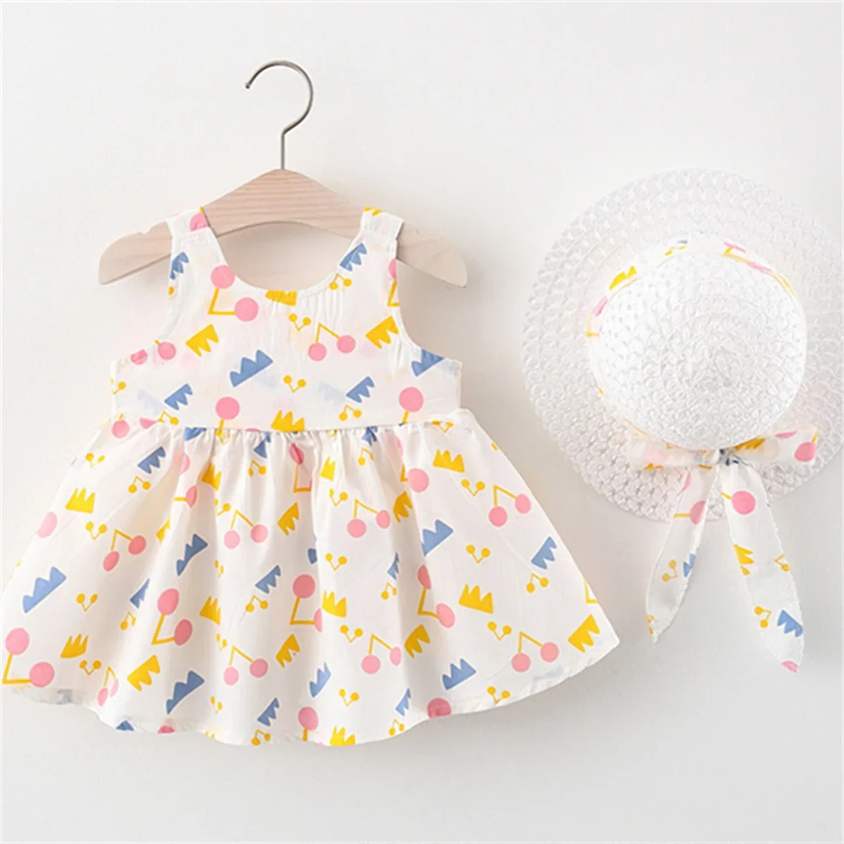 2Pcs/SetGirls\' Dress Summer New Instagram Children\'s Wear Irregular Print Back Cartoon Wings Sleeveless A-line Skirt with Hat