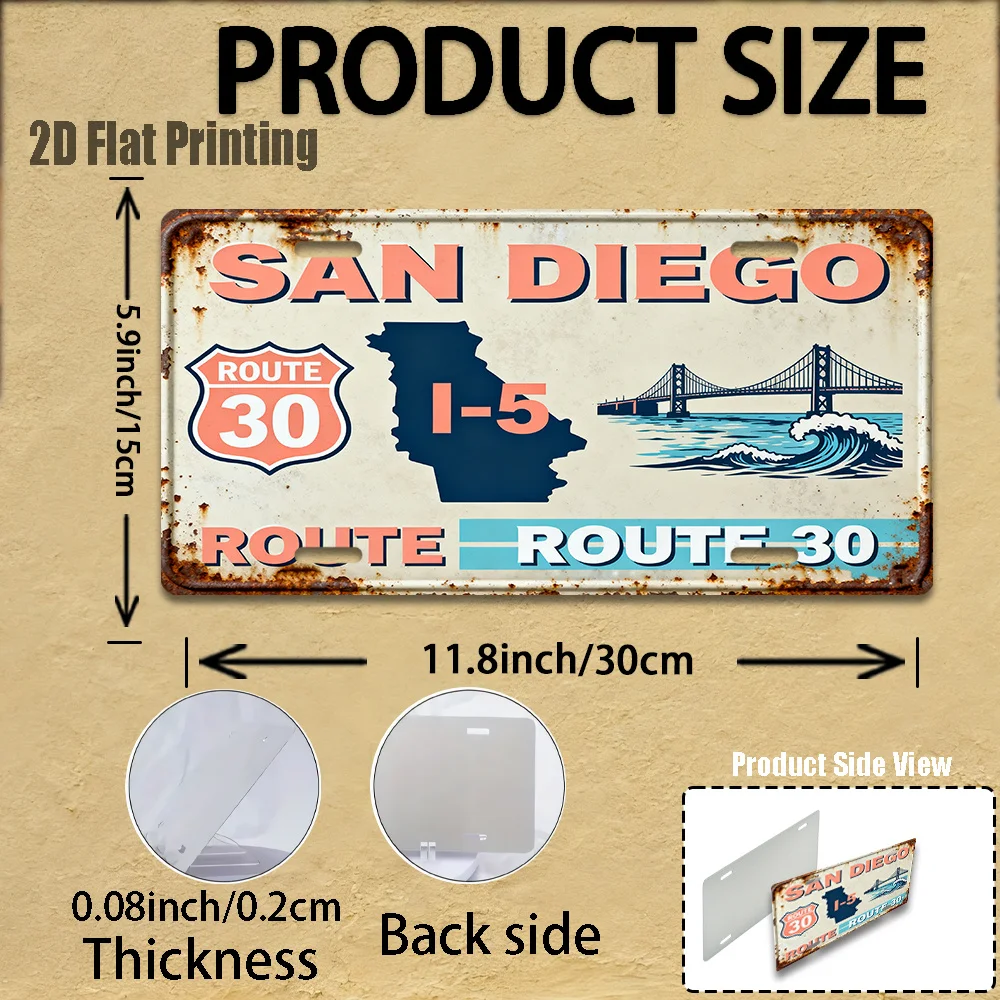 2D Flat, San Diego-Themed Vintage Metal License Plate & Wall Art Sign Heavy-Duty Aluminum Retro California License Plate Frame view 3