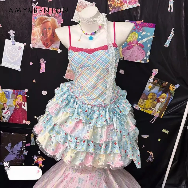 

Original Plaid Lace Hollow Out Splicing Sleeveless Women's Sling Japanese Sweet Hot Girl Y2K Colorful Cake Mini Skirt Set Ladies