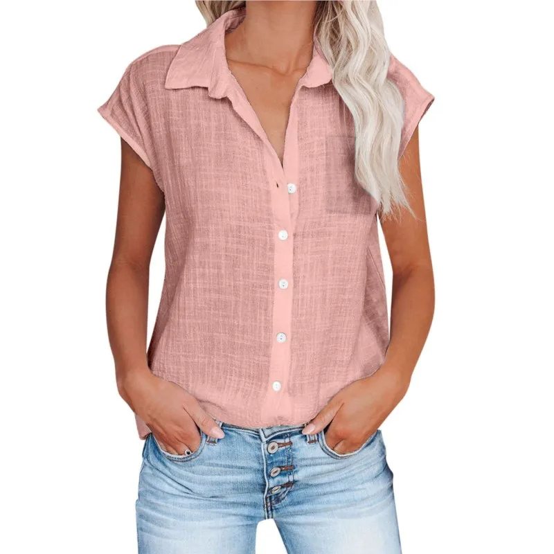 

Summer Women's Fashionable Solid Color Lapel Button Pocket Shirt Elegant Cotton And Linen Bat Sleeve Casual Short Sleeved Blouse