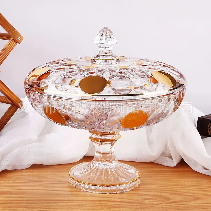 Luxury Crystal Glass Fruit Plate With Lid European Style High Footed Candy Dish Gold Rim Decorative Serving Tray For Dried