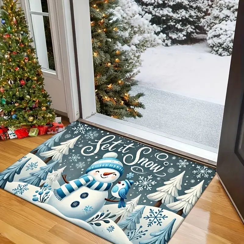 

1PC Cozy Christmas Snowman Flannel Doormat-Non-Slip Machine Washable Durable No Fade Soft Absorbent Suitable For Home Decor