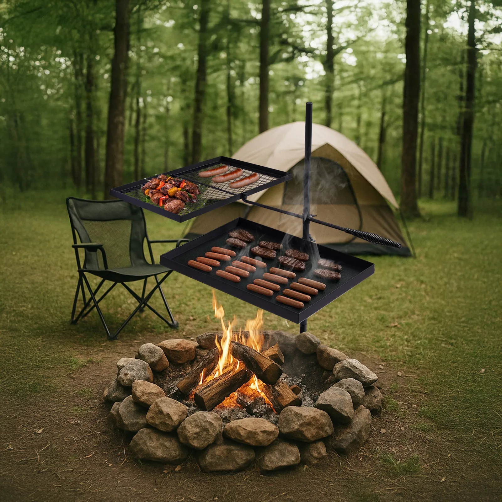 

Swivel Campfire Outdoor 2 Layers Baking Tray Grill Heavy Duty Steel Fire Grate