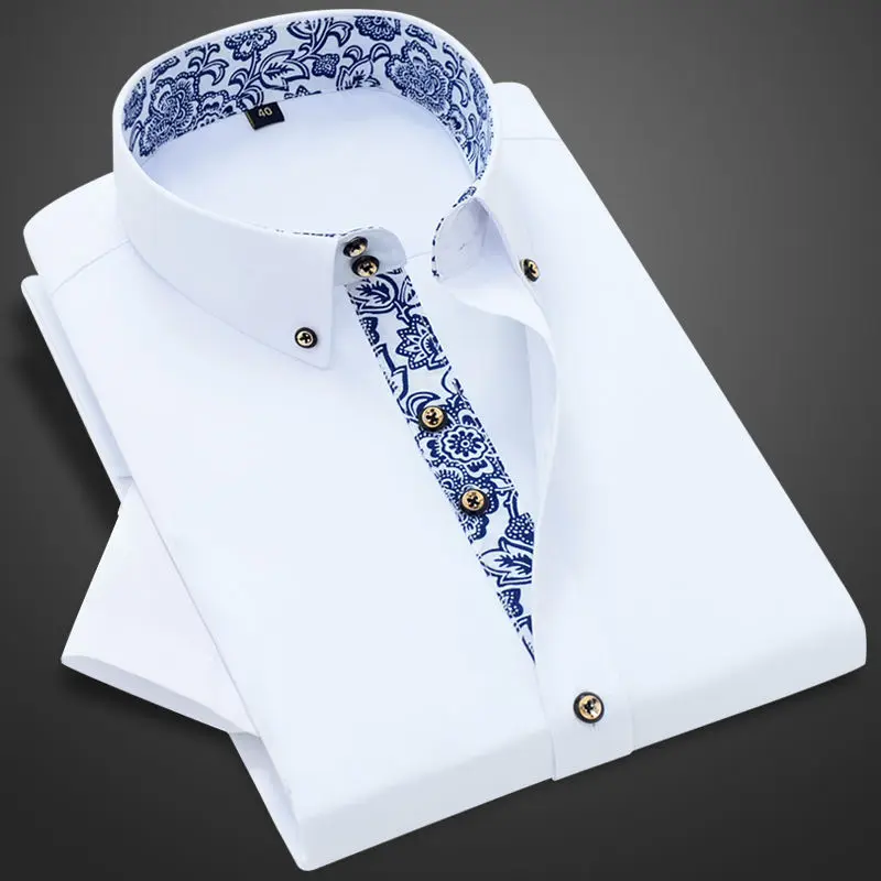 Men\'s Short Sleeve Dress Shirts Blue-and-white Porcelain Collar Shirt Korean Slim Fit Casual Business Formal Social White Cotton