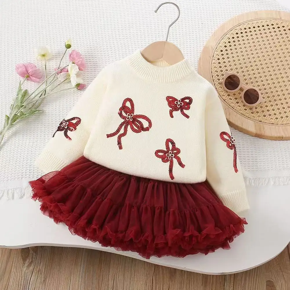 New Autumn Winter 2-6Y Knit Sweater Set Kids Sequin 2 Piece Outfit Pullover Top Tutu Skirt for 90-130cm