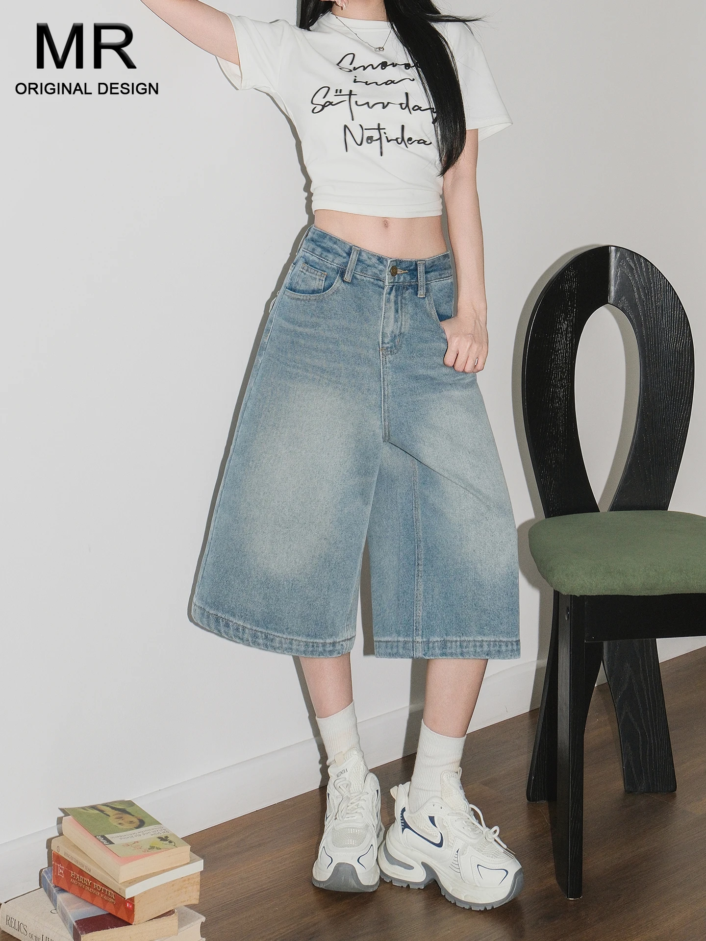 

Женские джинсовые капри с высокой талией, прямые, свободные, широкие штанины, синие, повседневные, летние, модные, весенние