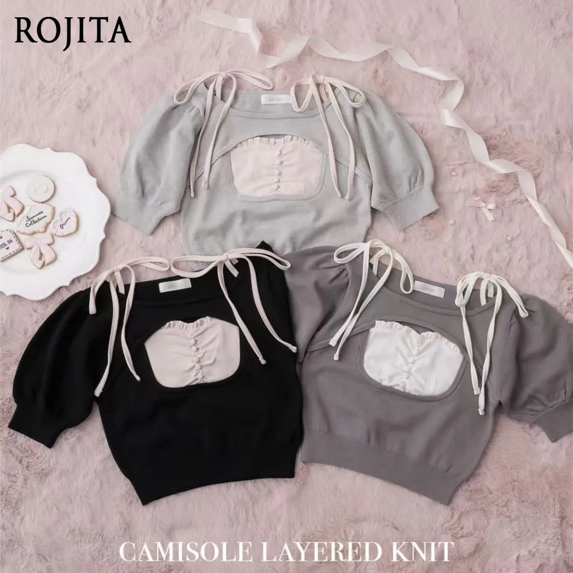 Knit Crop Top Women Square Cutout Puff Short Sleeve Slit Peach Heart Fungus Edge Splicing Knitted T-shirt