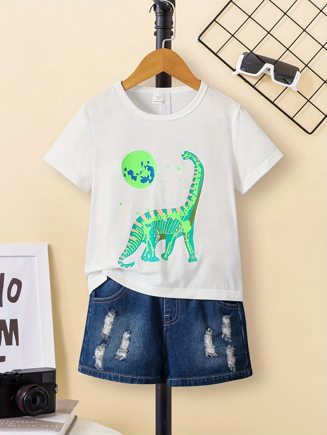 YOURBRAND Boys Crew Neck T-shirt Cartoon Dinosaur Star Print Soft Casual Versatile Summer Short Sleeve Machine Washable Kids Tee
