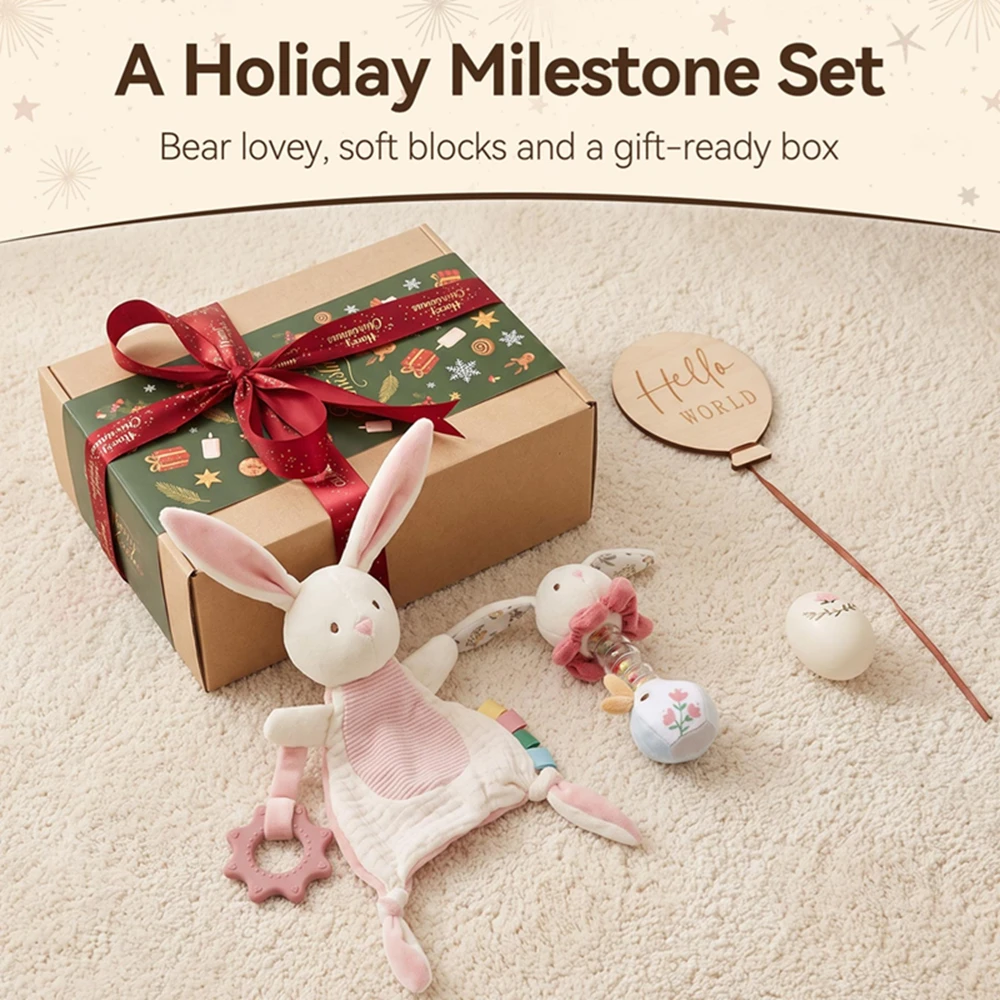 Christmas Baby Gift Set Baby Sensory Toys Rattle Teether Rabbit Bear Sensory Early Learning Set 0-12M Newborn Present Box Gifts
