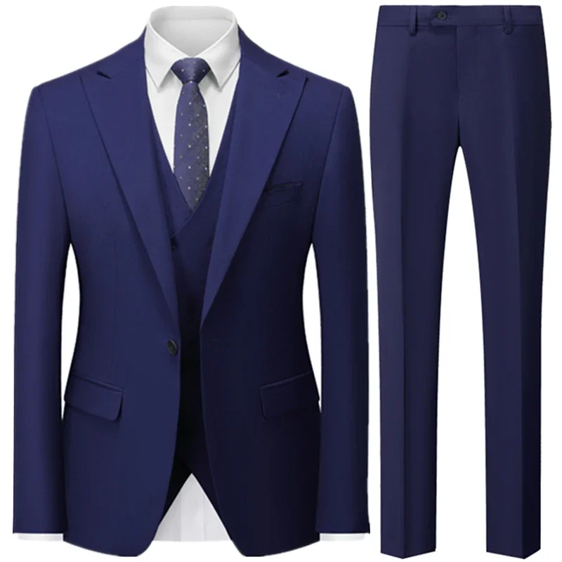 Homens Cor Sólida Terno de Negócios Conjuntos Casaco/2023 Masculino Cor Sólida Casual 3 Pcs Casamento Prom Vestido Blazers Jacket Vest Calças