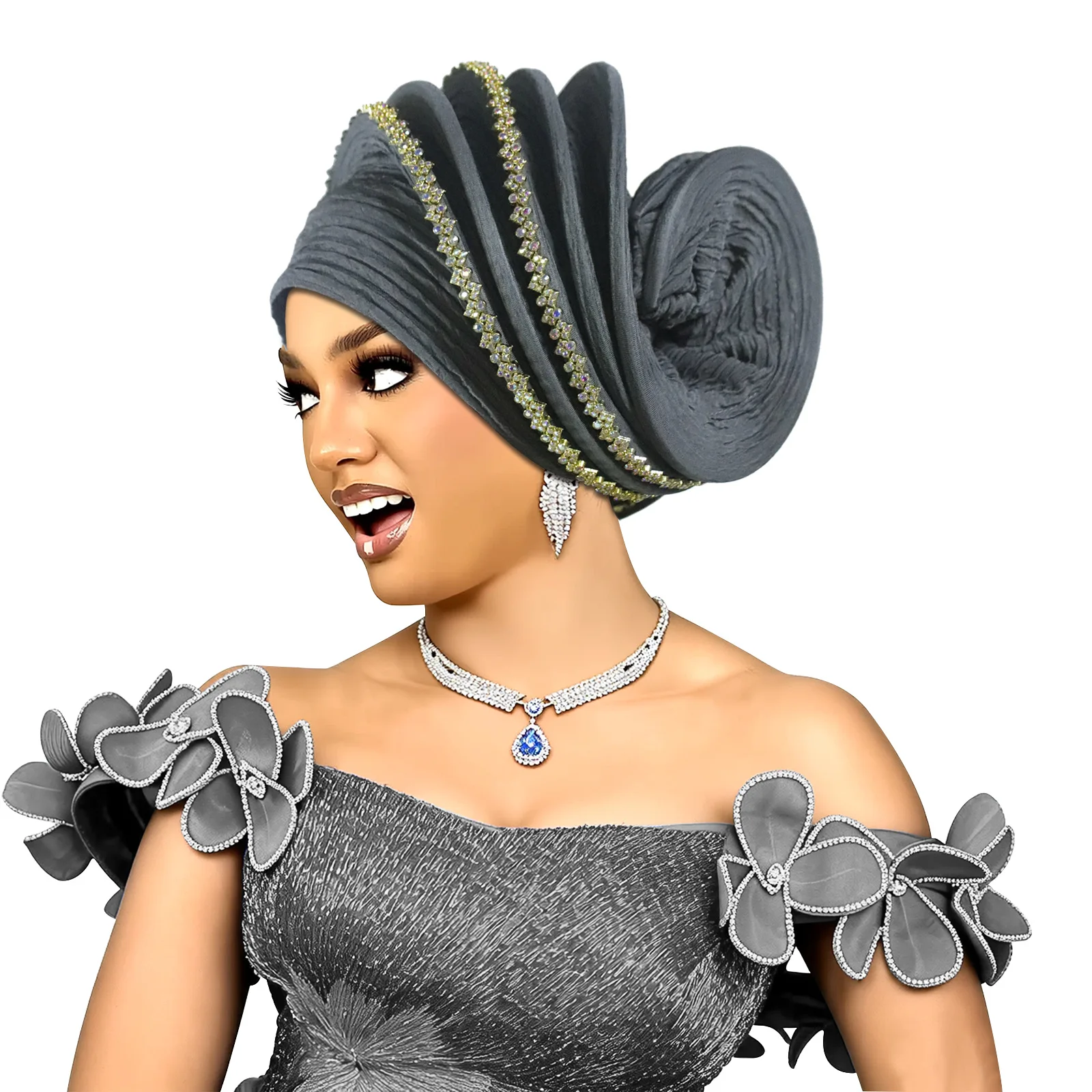 Elegant Diamonds Spiral Turban Cap for Women Afrcian Head Wrap Nigeria Headpiece Wedding Party Auto Gele Bonnet Muslim Hijab Hat